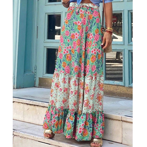 Boho Mint Floral Print Ruffle Hem Maxi Skirt - Picture 2 of 5